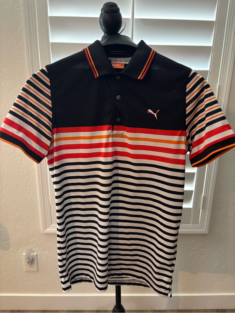 Puma Black White Striped Polo with Red and Orange Accents